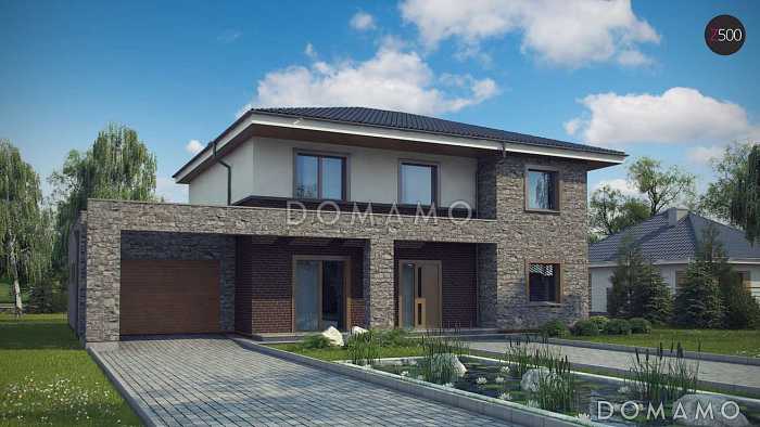 Проект просторного современного двухэтажного дома из газобетона с тремя спальнями, кабинетом, гаражом и сауной