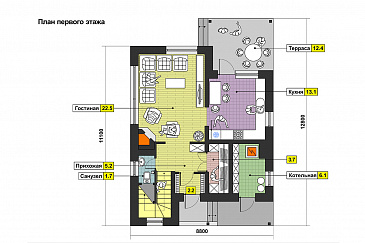 Загородный дом с односкатной крышей, круглым окном, крытой террасой и вторым светом  / План 1 этажа