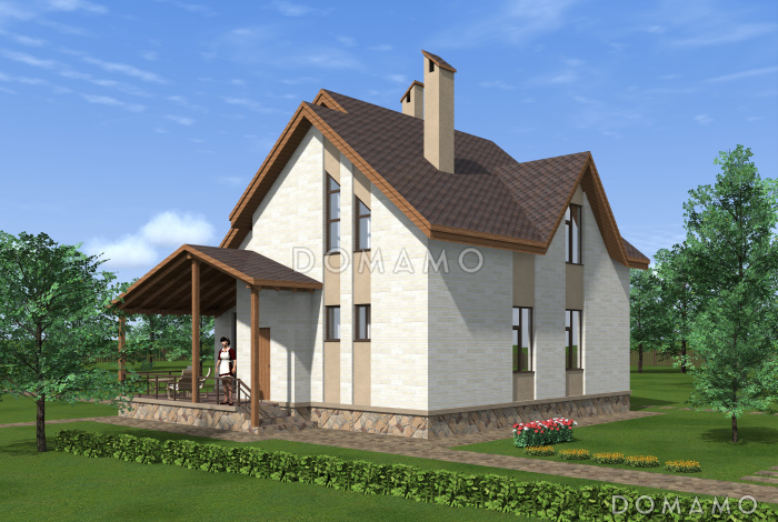 Проект коттеджа с двусветной гостиной и террасой.