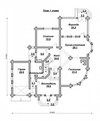 Проект коттеджа в стиле деревянного модерна / План 1 этажа