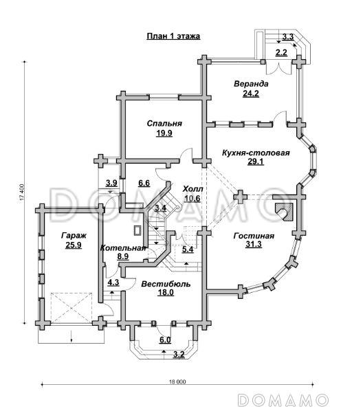 Проект коттеджа в стиле деревянного модерна / План 1 этажа