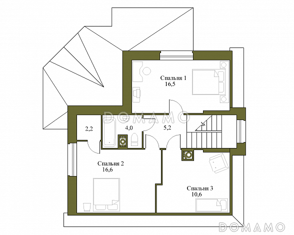 Проект коттеджа с большой террасой и небольшим подвалом. / План мансардного этажа
