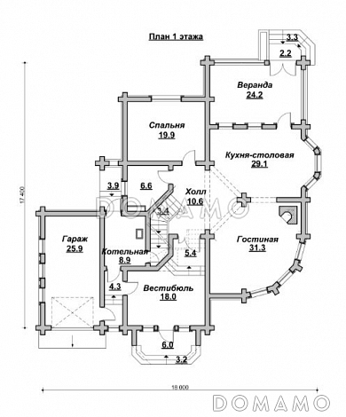 Проект коттеджа в стиле деревянного модерна / План 1 этажа