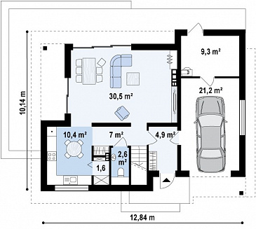 Проект одноэтажного мансардного дома из газобетона с большой гостиной, гаражом и частично крытой террасой / План 1 этажа