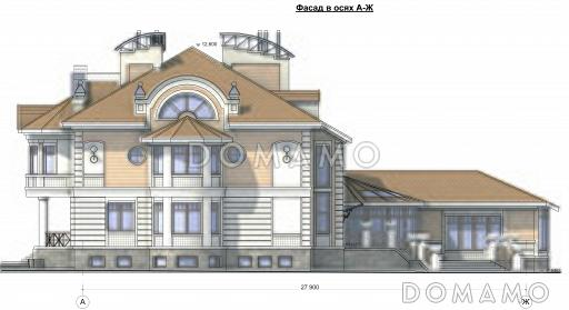 Проект коттеджа с двусветной гостиной, бассейном и зимним садом / Фасад 3