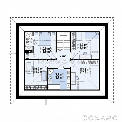 Проект традиционного загородного дома с мансардой, гаражом на одну машину, кладовой на кухне / План мансардного этажа