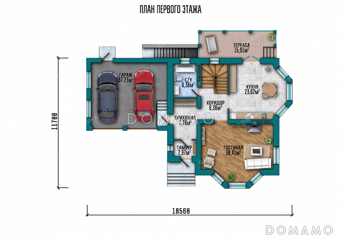 Проект дома с цокольным этажом, тремя спальнями, эркерами и гаражом на 2 машины / План 1 этажа