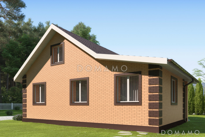 Проект дома из газобетона с верандой, санузлом с окном, отделкой фасадов кирпичом