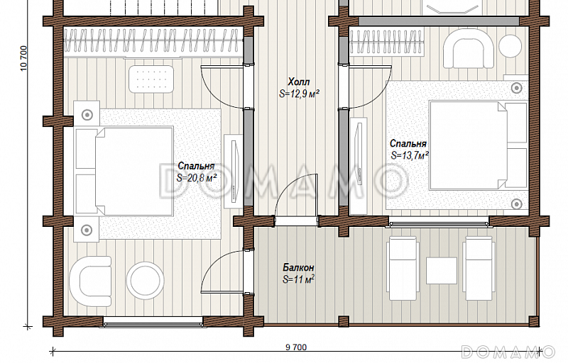 Проект дома с закрытым парковочным местом на две машины, огромной террасой и специально отведенным местом под барбекю / План мансардного этажа