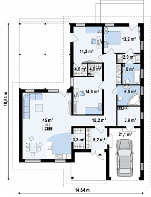 Проект одноэтажного дома из газобетона с большой террасой в угловой части дома и гаражом  / План 1 этажа