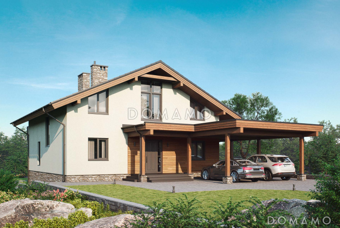 Шале с двумя спальнями, просторной дневной зоной со вторым светом и навесом для двух машин