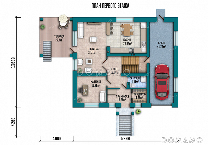 Проект двухэтажного дома с гаражом, оборудованным подвалом и крытой террасой / План 1 этажа