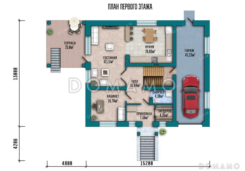 Проект двухэтажного дома с гаражом, оборудованным подвалом и крытой террасой / План 1 этажа