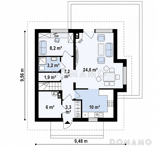 Проект небольшого одноэтажного мансардного дома из кирпича с эркером, с кабинетом и тремя спальнями / План 1 этажа