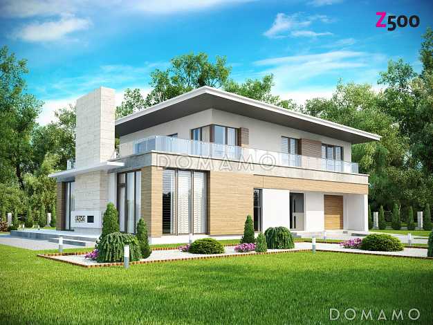 Проект современного двухэтажного дома из газобетона с плоской крышей,  с четырьмя спальнями, просторным кабинетом и гаражом 