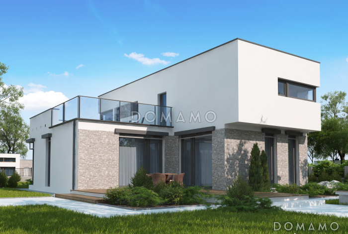 Проект современного двухэтажного дома из газобетона в стиле модерн, с террасой на втором уровне, с двухместным гаражом