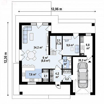 Проект загородного дома с мансардой, гаражом на одну машину, кладовой под лестницей / План 1 этажа