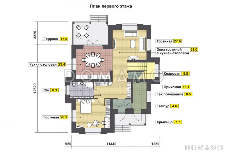 Проект дома с крытой террасой, кладовой под лестницей, гостевой на первом этаже, хозяйской спальней на втором этаже / План 1 этажа