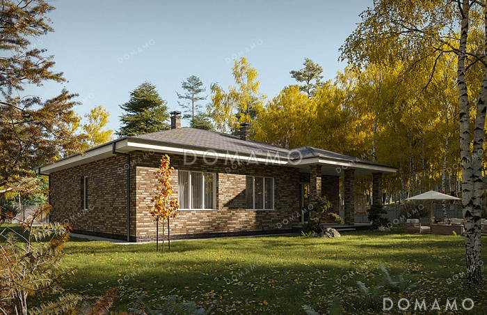 Проект одноэтажного дома с просторной террасой и гостиной