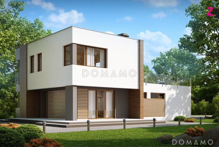 Проект современного двухэтажного дома из газобетона с тремя спальнями, пристроенным гаражом и террасой над ним