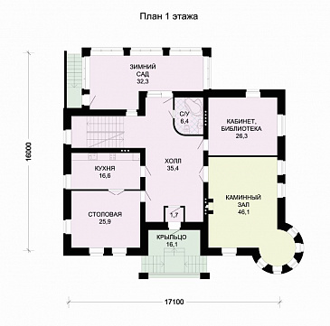 Проект кирпичного дома с гаражом на цокольном этаже / План 1 этажа