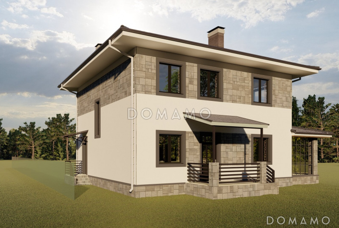 Проект двухэтажного дома с четырьмя спальнями, просторными верандой и гостиной