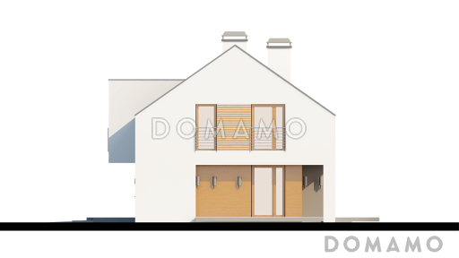 Проект одноэтажного мансардного дома из газобетона с прямоугольным выступом на втором уровне / Фасад 2