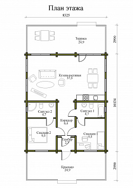 Проект одноэтажного дома из клееного бруса с панорамными окнами в пол, большими крыльцом и террасой / План 1 этажа