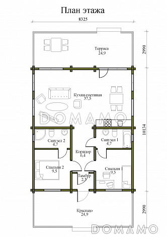 Проект одноэтажного дома из клееного бруса с панорамными окнами в пол, большими крыльцом и террасой / План 1 этажа