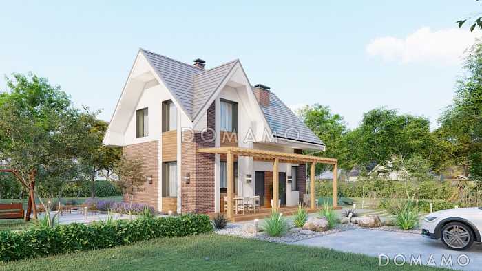 Проект дома с мансардой, балконом, террасой и сауной