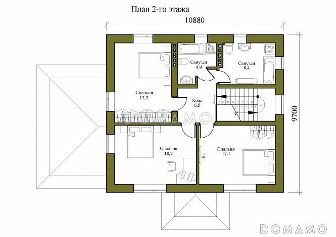 Проект двухэтажного дома с тремя спальнями на втором этаже и одной на первом этаже / План 2 этажа