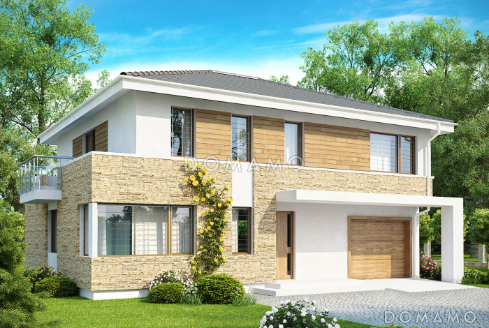 Проект современного двухэтажного дома из кирпича, адаптированного под сейсмику, с четырьмя спальнями, балконом и встроенным гаражом