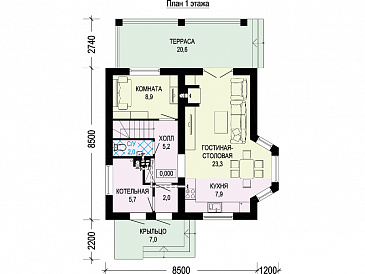 Проект одноэтажного мансардного дома из газобетона с тремя спальнями, кабинетом, эркером и крытой террасой / План 1 этажа