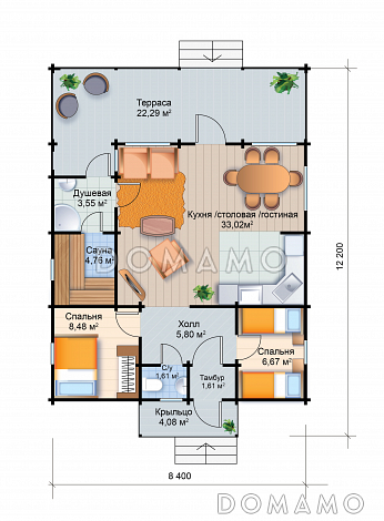 Проект одноэтажного дома из клееного бруса до 100 кв.м / План 1 этажа