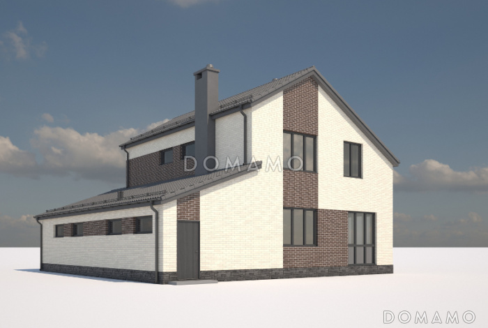 Проект загородного дома с гаражом на 2 машины, прихожей с гардеробом, кабинетом