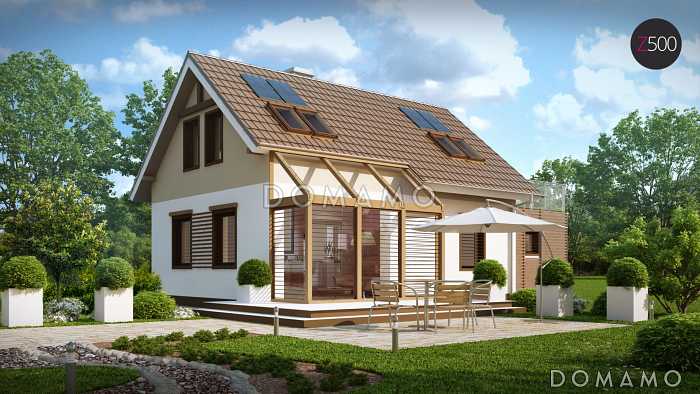 Проект одноэтажного мансардного дома из газобетона с открытой террасой над гаражом