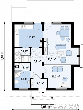 Проект одноэтажного мансардного дома из кирпича с тремя спальнями и кабинетом / План 1 этажа