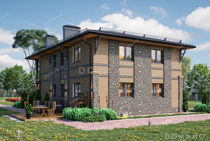 Проект двухэтажного дома с гаражом, 4 спальнями, широким балконом и большим крыльцом