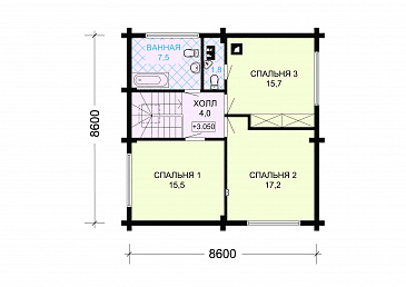 Проект одноэтажного дома из оцилиндрованного бревна с мансардой с просторной гостиной / План мансардного этажа