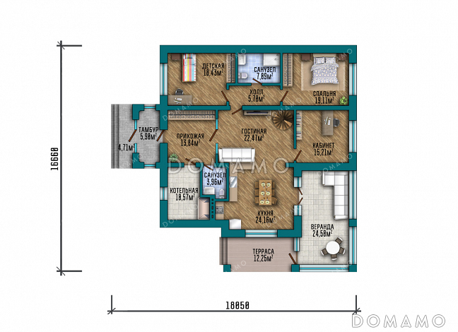Проект практичного одноэтажного дома с крытой террасой, застекленной верандой, тремя спальнями, кабинетом и тремя санузлами / План 1 этажа