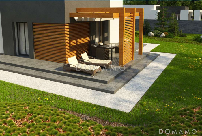 Проект двухэтажного дома из кирпича с плоской крышей, со спальной зоной и террасой на втором этаже и гаражом