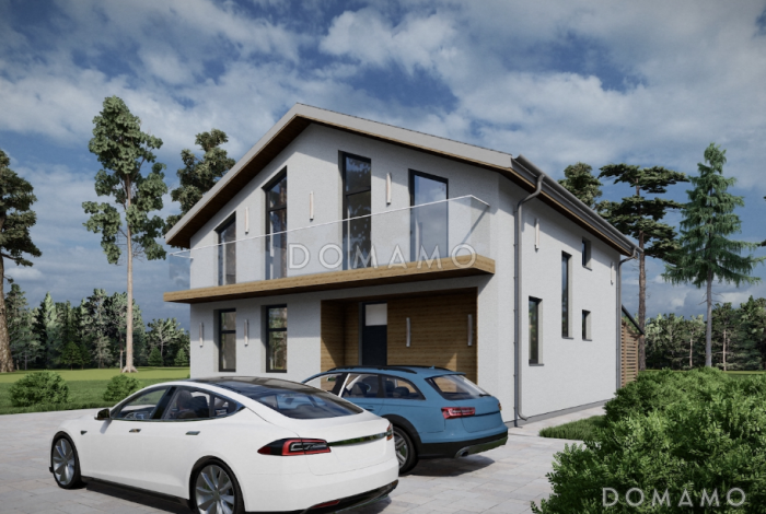 Проект коттеджа с просторной крытой террасой, кабинетом, длинным балконом на мансардном этаже на две спальни