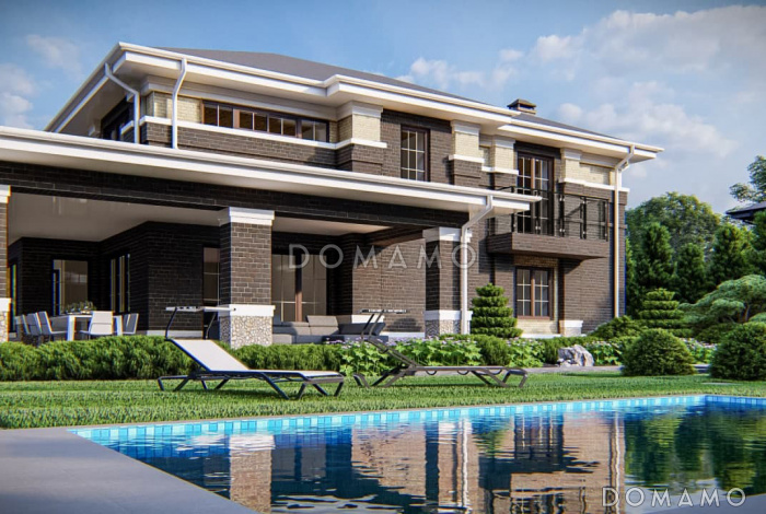 Проект двухэтажного дома с крытой террасой, гаражом, большой кухней и гостиной,  балконами