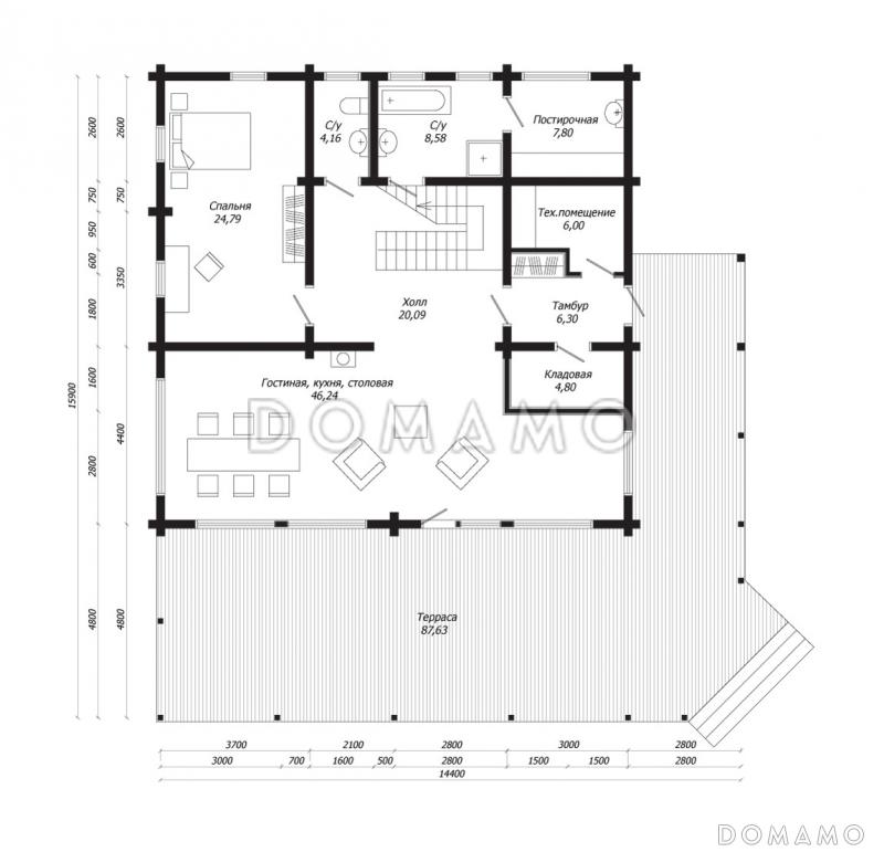 Проект дома из клееного бруса с большими панорамными окнами / План 1 этажа