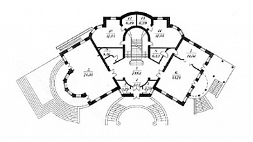 Проект двухэтажного особняка с мансардой и цокольным этажом из кирпича / План 1 этажа