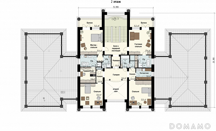 Проект загородного дома с бассейном, комнатами для отдыха и спорта, террасами, большим гаражом, спальнями на втором этаже / План 2 этажа