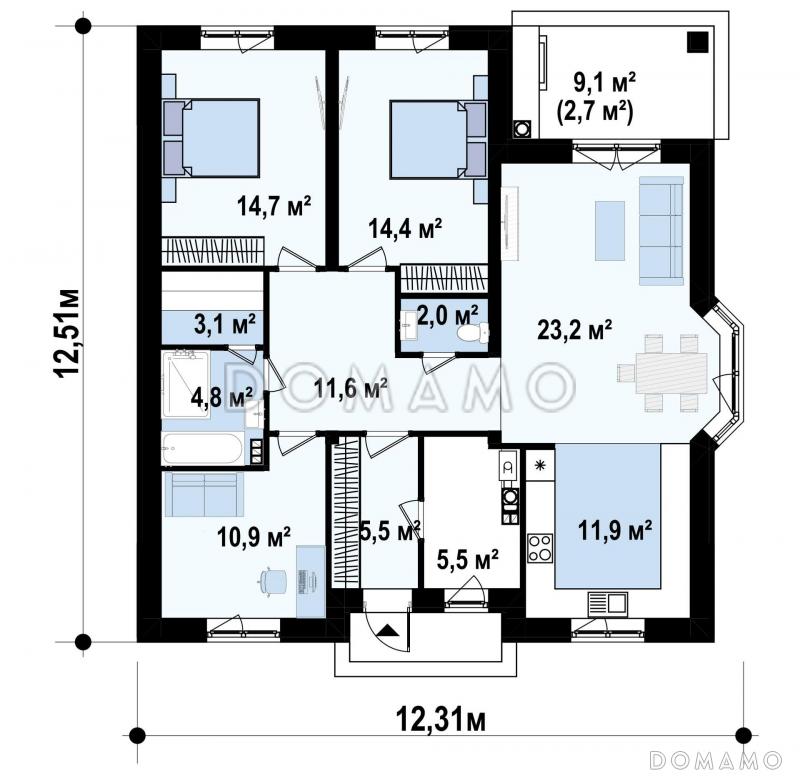Проект одноэтажного дома с эркером в гостиной, кладовой, террасой, тремя спальнями / План 1 этажа