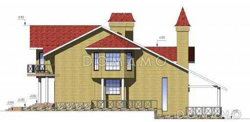 Проект двухэтажного коттеджа с цоколем, с двумя эркерами, балконом и двумя террасами / Фасад 3