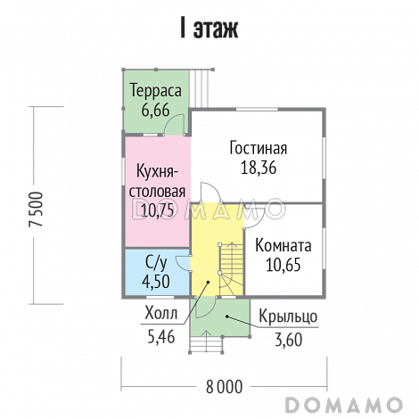 Проект  дома из клееного бруса 8х7 с мансардой / План 1 этажа