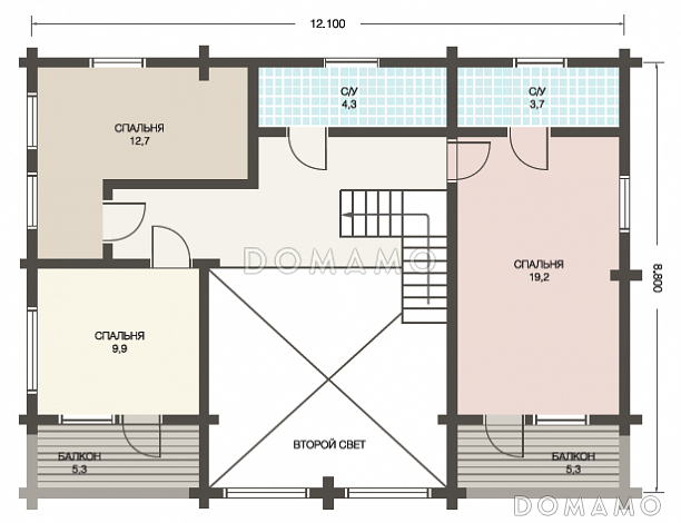 Проект деревянного дома из клееного бруса с просторной, светлой гостиной и техническим помещением с отдельным входом / План 2 этажа